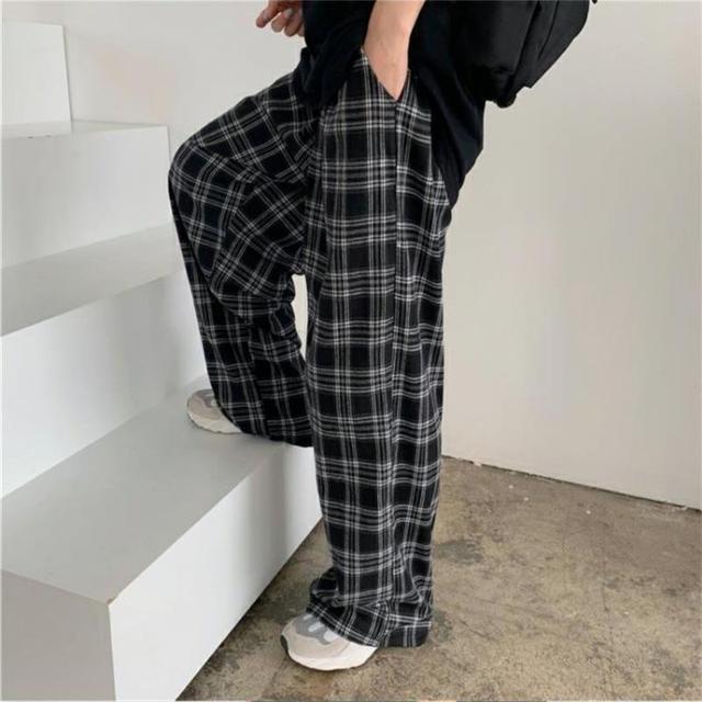 Oversize Pants Sweatpants Summer Black Plaid Pants Elastic Waist Pockets Student Trousers