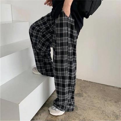 Oversize Pants Sweatpants Summer Black Plaid Pants Elastic Waist Pockets Student Trousers
