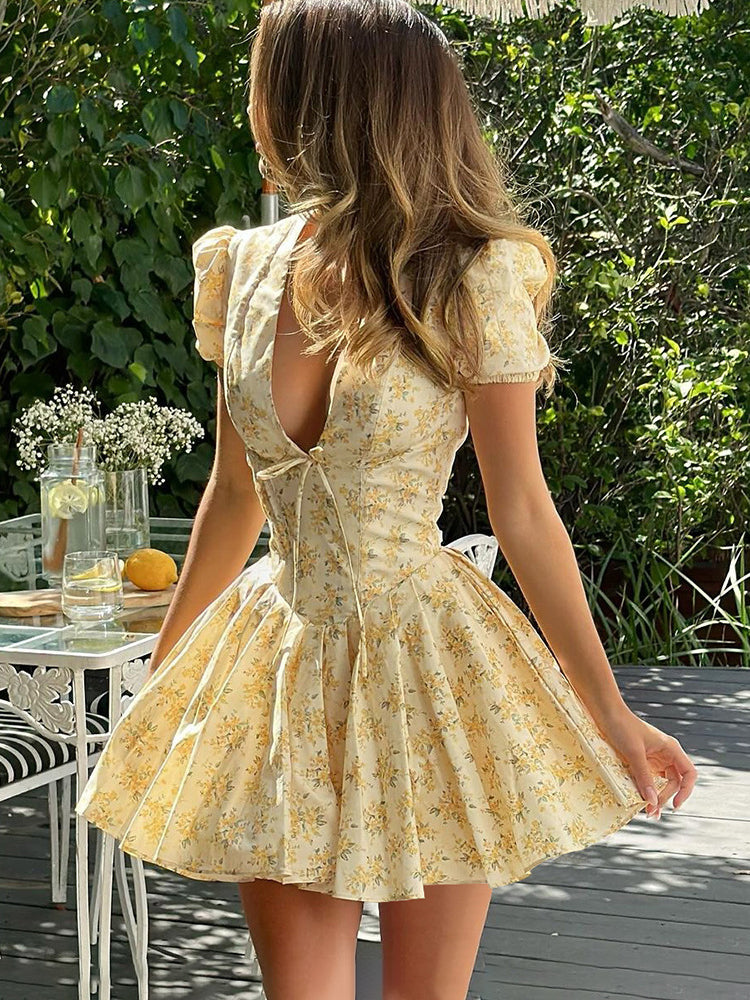 Tossy Flower Print Deep V Neck Folds Mini Dress for Patchwork French Sweet Short Sleeve Female Party Short Princess Dress