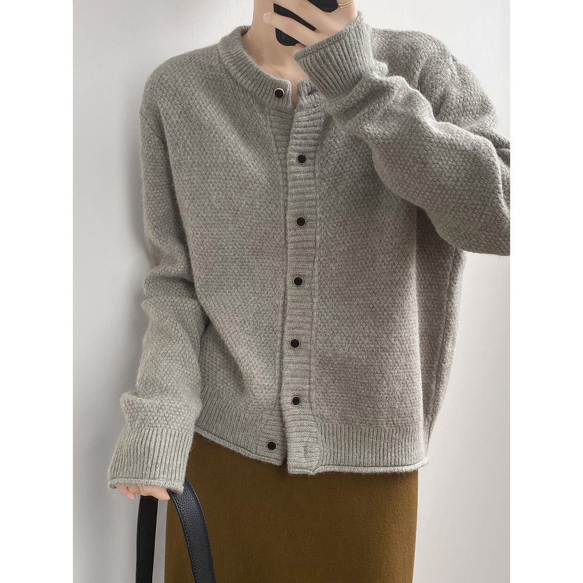Lazy Round Neck Knitted Sweater for Autumn Minimalist Long Sleeve Loose Cardigan Coat