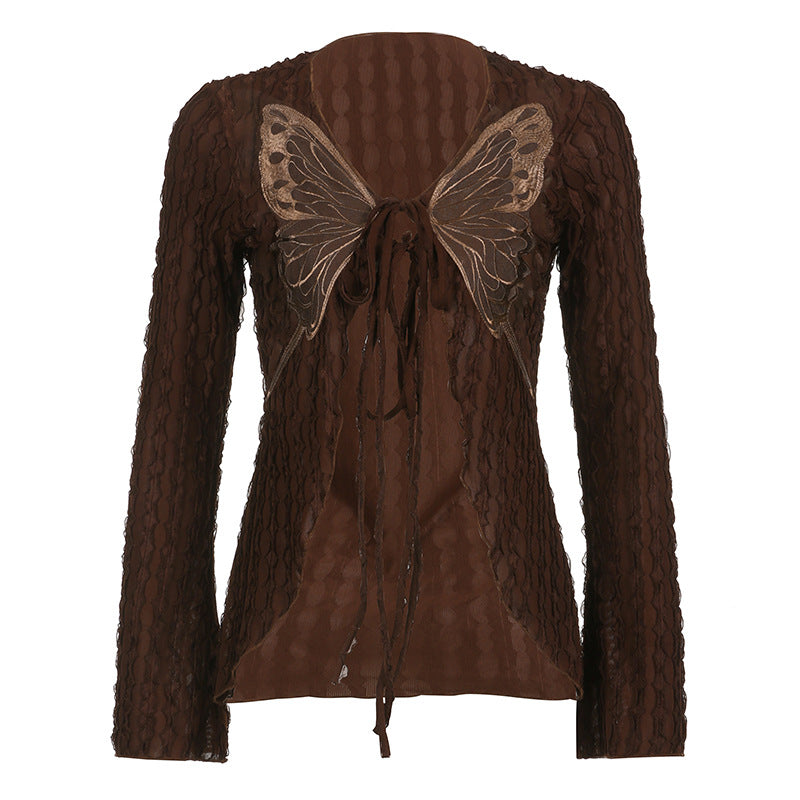 Retro Texture Butterfly Tied Top – Irregular Asymmetric V Neck Cardigan