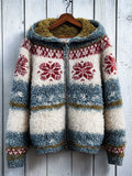 Vintage Winter Snowflakes Contrast Isle Cozy Hooded Fleece Jacket elevenforest