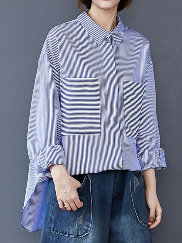 Loose Striped Split-joint With Pocket Lapel Collar Long Sleeves Blouse
