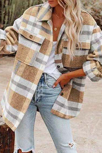 Plaid Pocket Buckle Turndown Collar Outerwear(8 Colors)
