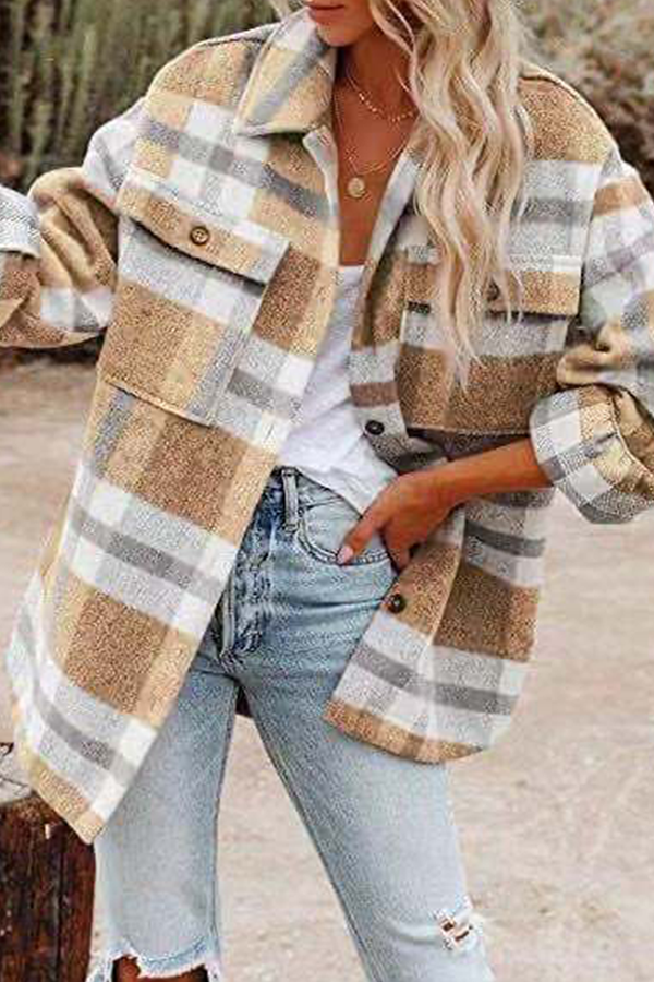 Plaid Pocket Buckle Turndown Collar Outerwear(8 Colors)