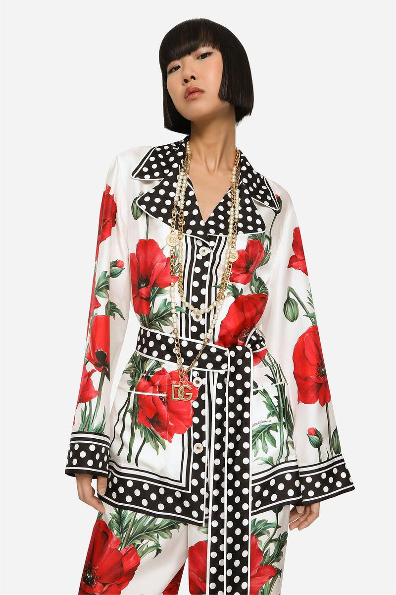 Polka Dot Peaked Collar Top With Belt & Mid Waist Pants Set