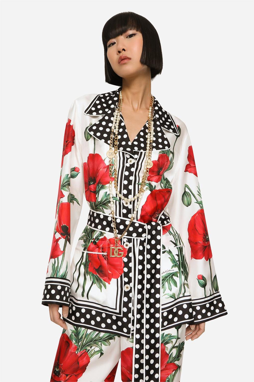 Polka Dot Peaked Collar Top With Belt & Mid Waist Pants Set