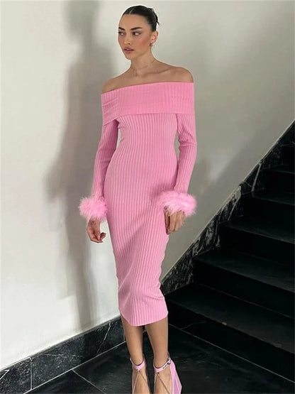 Tossy Off-shoulder Ribbed Fluffy Maxi Dress ’s Slim Long Sleeve Patchwork Loose Party Dress Backless Dress