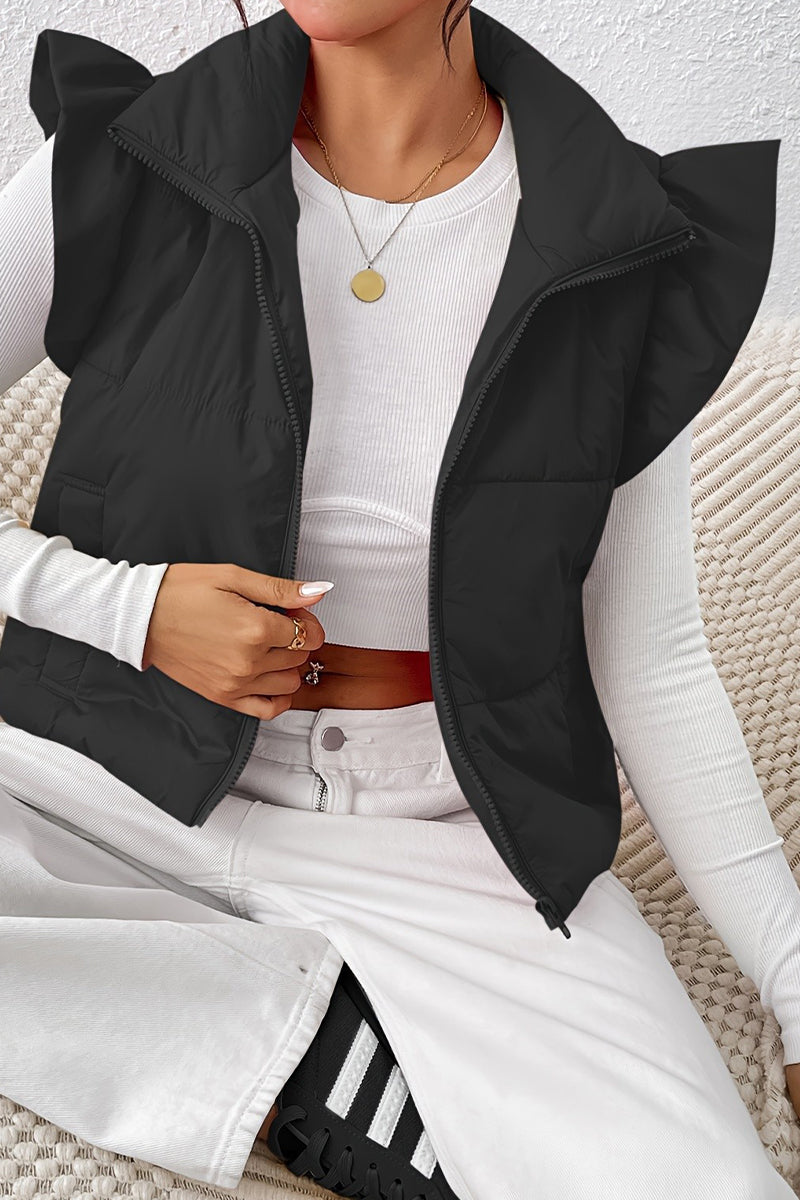Daily Ruffle Zipper Mandarin Collar Waistcoats(3 Colors)