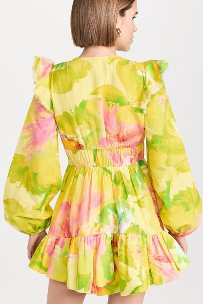 V-neck Frill Lantern Sleeve Mini Dress