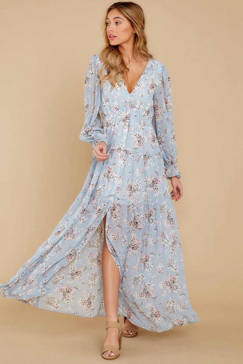 Puff Sleeve V-neck Ruffle Hem Maxi Dress Blue