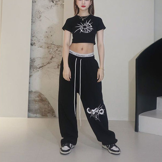 High Street Drawstring Loose Versatile Pants Jazz Dance Hiphop Print High Waist Sweatpants ’s Street Trousers