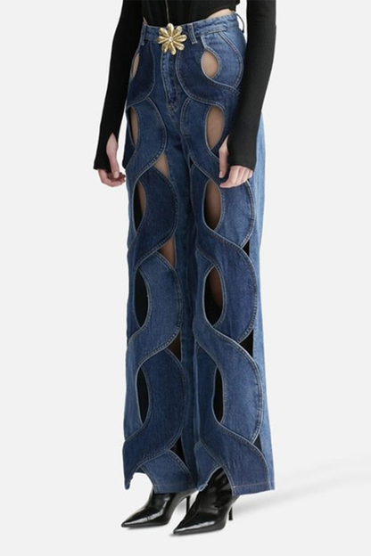 Street Hollowed Out High Waist Straight Denim Jeans