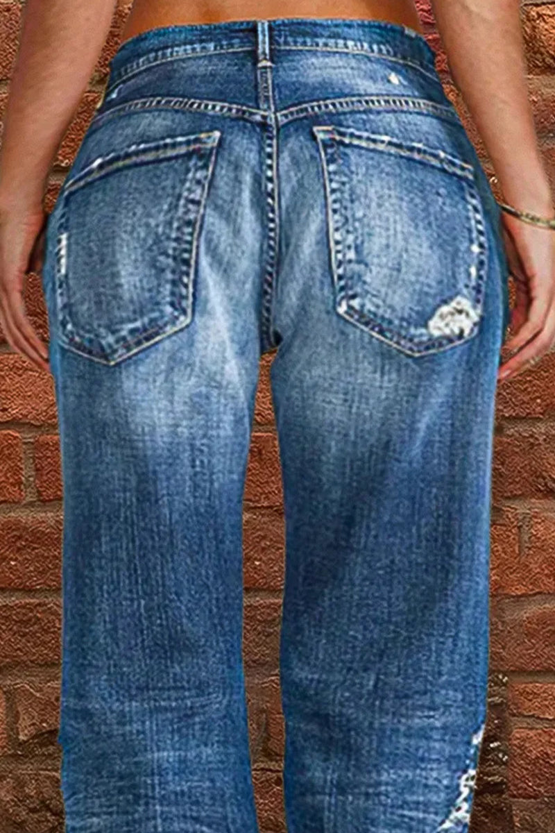 Street Patchwork Ripped Straight Denim Jeans(3 Colors)