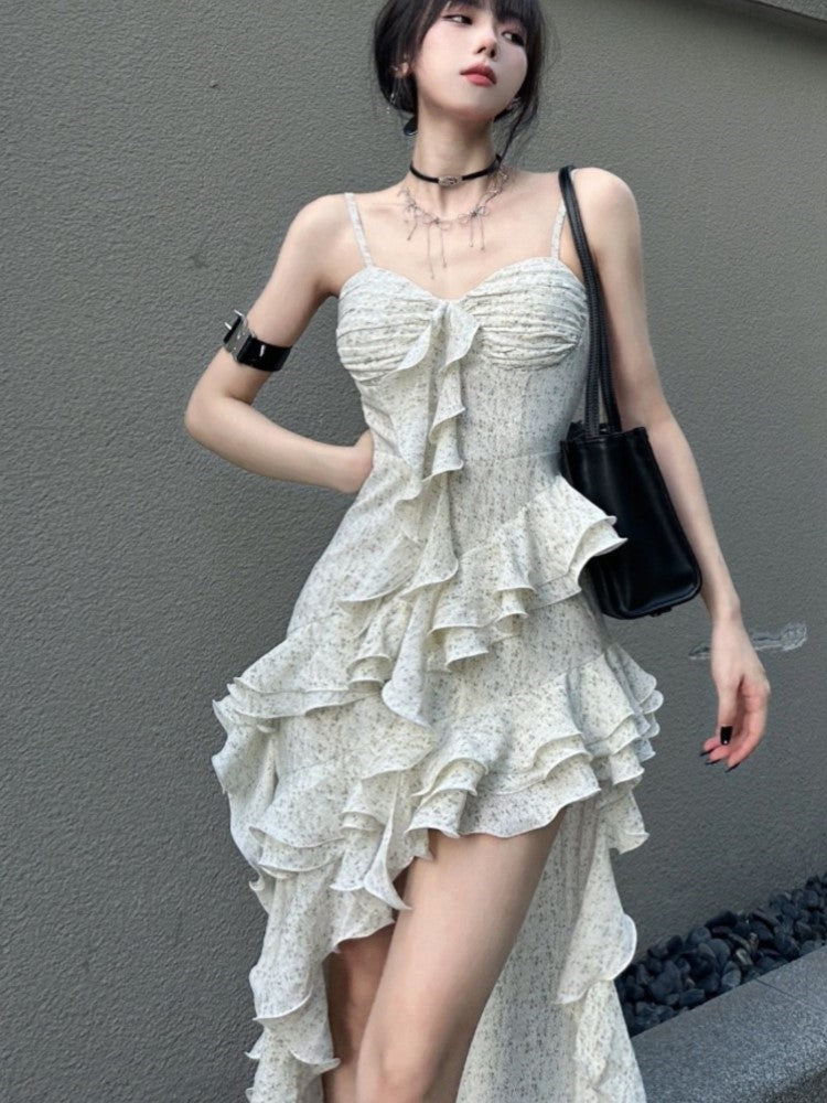 Y2k Spaghetti Strap Irregular Dress Layered Ruffles Slim Party Dress Spring New Prom Robe Wedding Vestidos Mujer