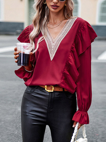 Long Sleeves Loose Asymmetric Hollow V-neck Blouses&shirts Tops