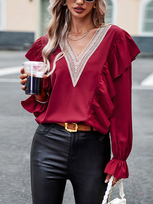 Long Sleeves Loose Asymmetric Hollow V-neck Blouses&shirts Tops