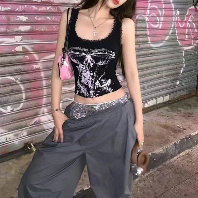 Gothic Print Tops Aesthetic Y2k Crop Top Lace Sleeveless Camisole Vest Harajuku Black Tank Top Clothes