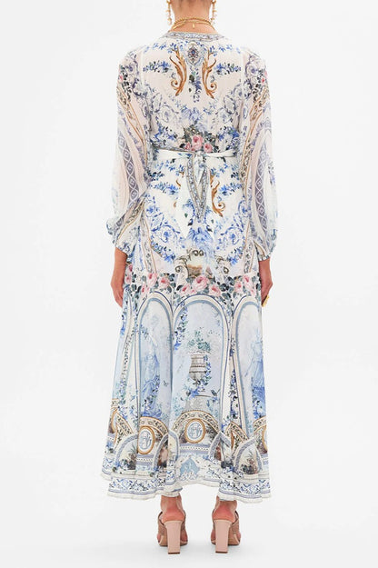V-neck Lantern Sleeve Midi Dress