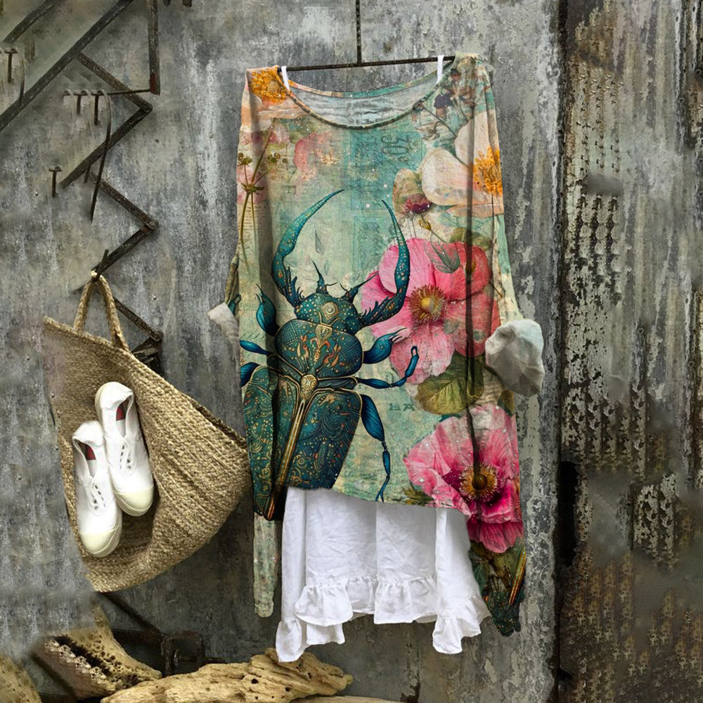 Beetle Element Vintage Floral Women's Linen Flowy Shirt artswardrobe