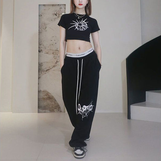 High Street Drawstring Loose Versatile Pants Jazz Dance Hiphop Print High Waist Sweatpants ’s Street Trousers