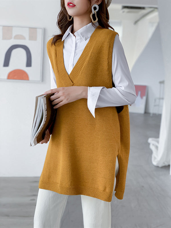 Sleeveless Split-side Color V-neck Knitted Vest