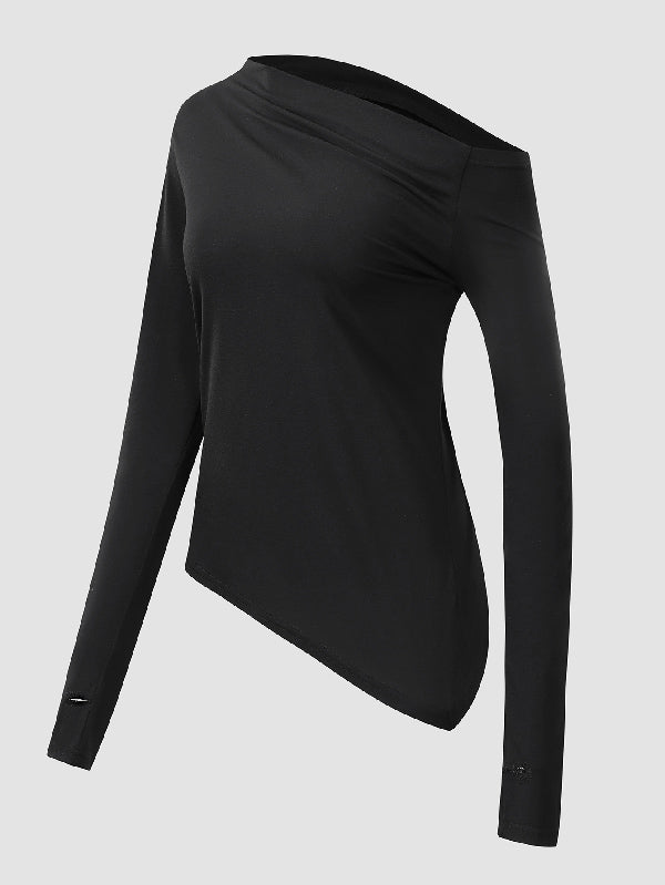 Stylish Color One-shoulder Long Sleeves T-shirt Top