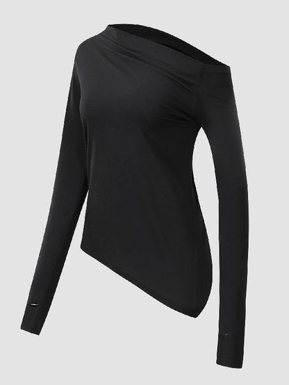 Stylish Color One-shoulder Long Sleeves T-shirt Top