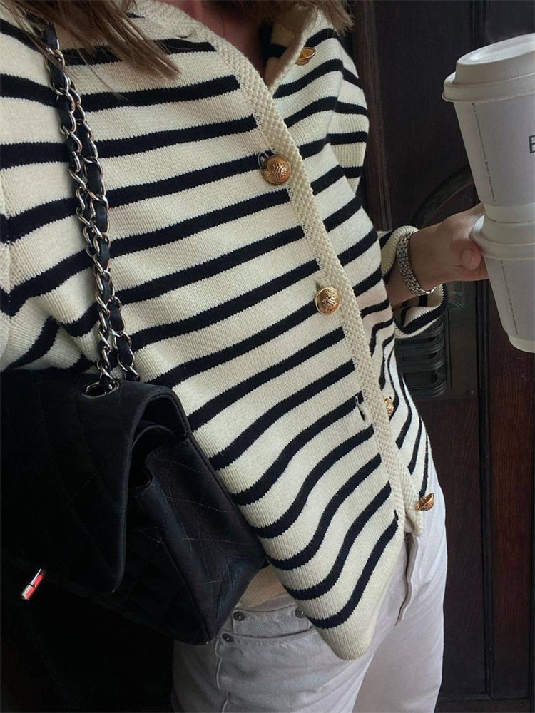 Tossy Striped Knit Sweater Cardigan Coat Female Loose Long Sleeve Slim Patchwork Contrast Outwear Summer Knitwear Coat