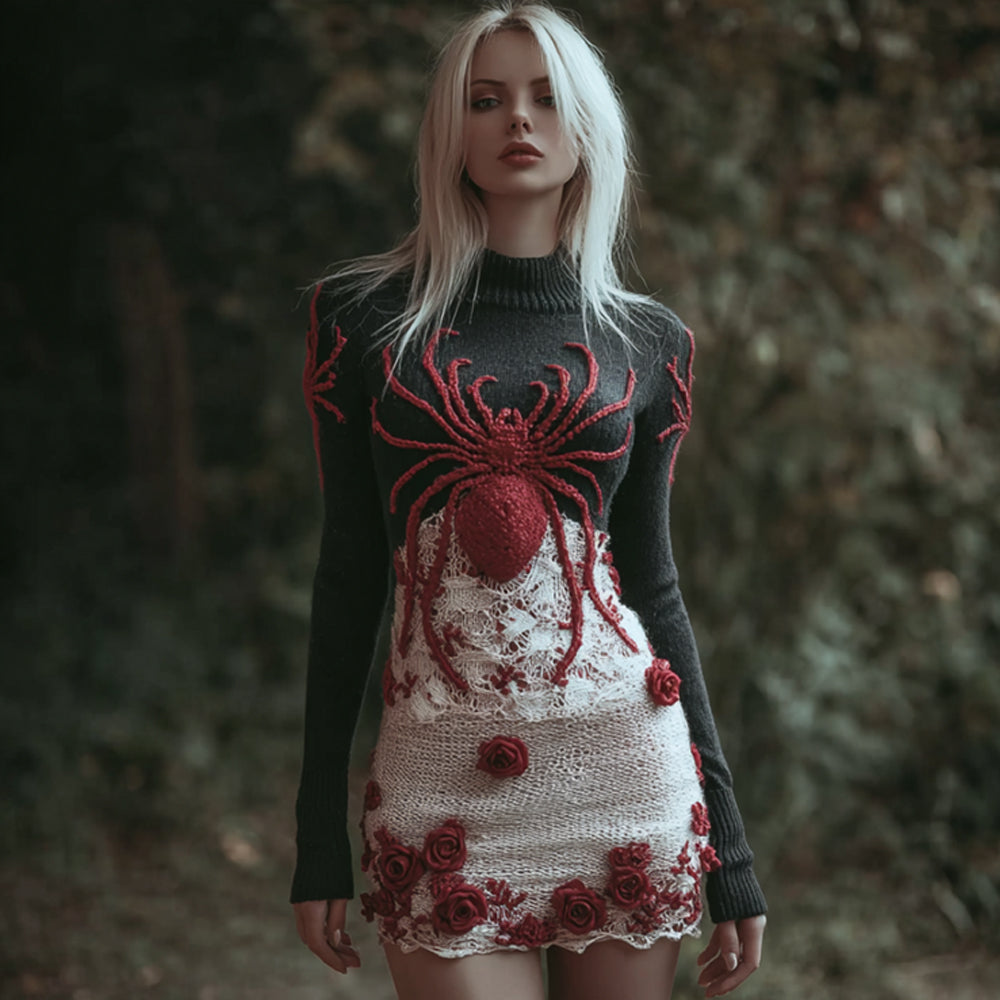 Women's Halloween Spider And Flower Round Neck Knitted Dress artswardrobe