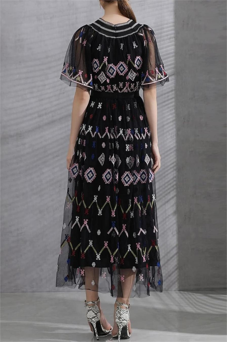 Mesh Embroidered Smocking Midi Dress