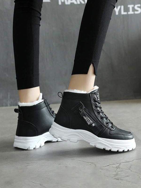 Lace-up Round Toe Sport With Warm Plush Snow Boots