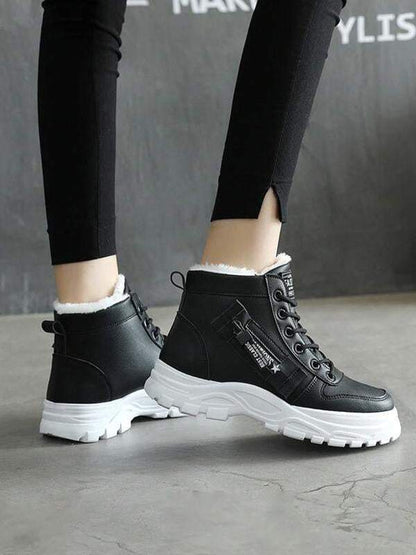 Lace-up Round Toe Sport With Warm Plush Snow Boots