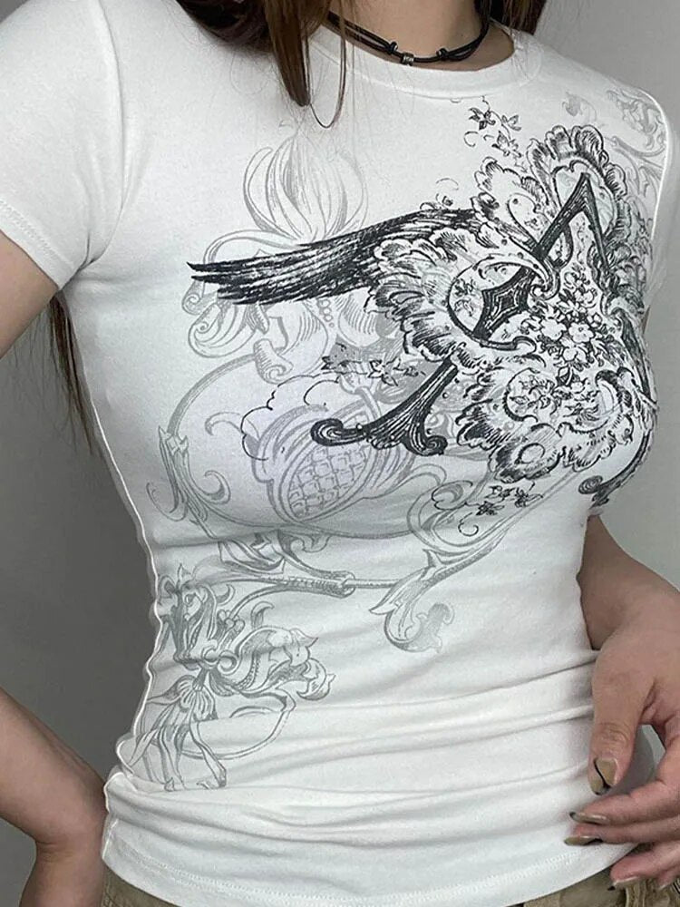 Retro Graphic Crop Top White Short Sleeve O Neck T Shirt for Y2k Aesthetic Basic Tees Clothes