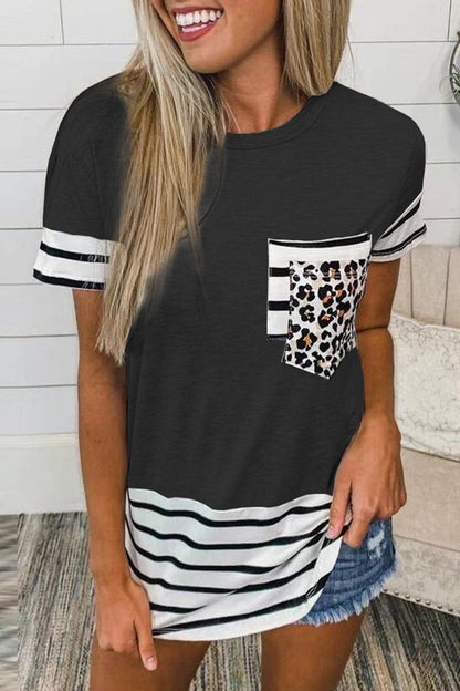Striped Leopard Patchwork Pocket T-shirts(10 Colors)
