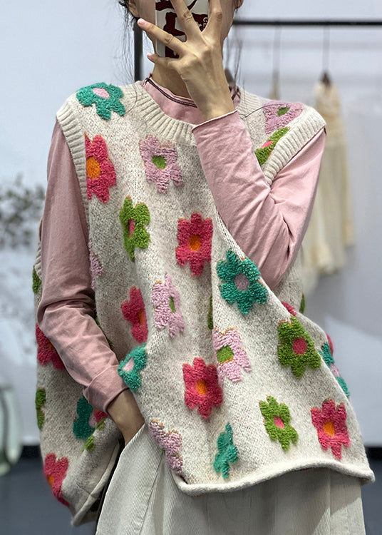 New Apricot O Neck Jacquard Cotton Knit Vest Sleeveless