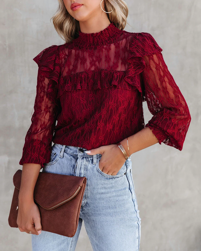 Summer Vacation New Gouhua Hollow Lace Lotus Long Sleeve Blouses