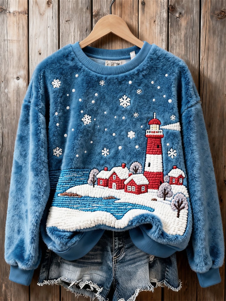 Snowing Lighthouse Seascape Embroidered Cozy Plush Sweatshirt