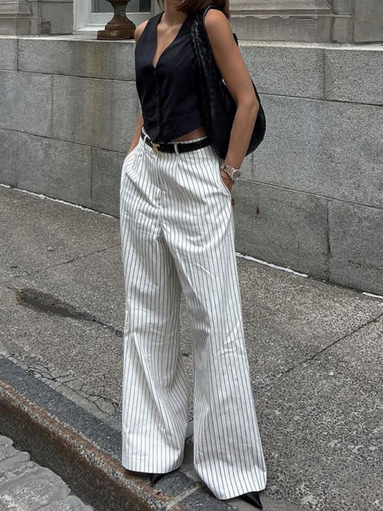 Tossy ’s Black White Stripe Wide Leg Pants New High Waist Zipper Loose Work Business Pants With Pockets