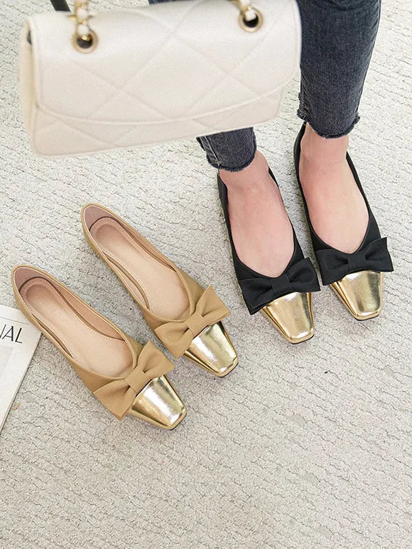 Bowknot Contrast Color Shallow Cut Split-joint Square-toe Flats