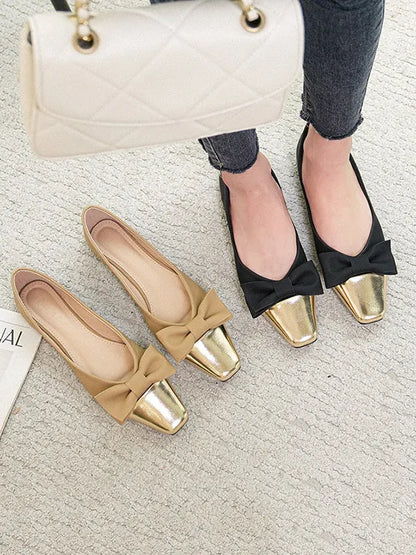 Bowknot Contrast Color Shallow Cut Split-joint Square-toe Flats