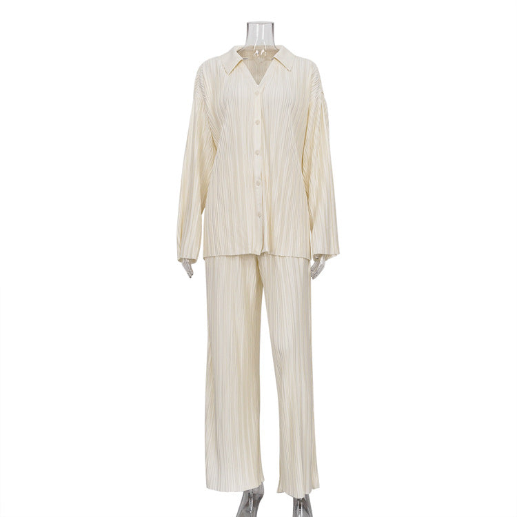 Autumn Straight Leg Pants Two Piece Set Western Clothing Pleated Shirt Trousers Set