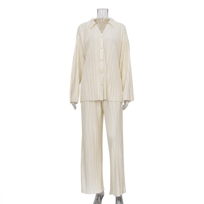 Autumn Straight Leg Pants Two Piece Set Western Clothing Pleated Shirt Trousers Set