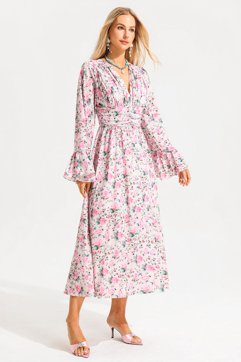 V-neck Ball Sleeve Midi Dress