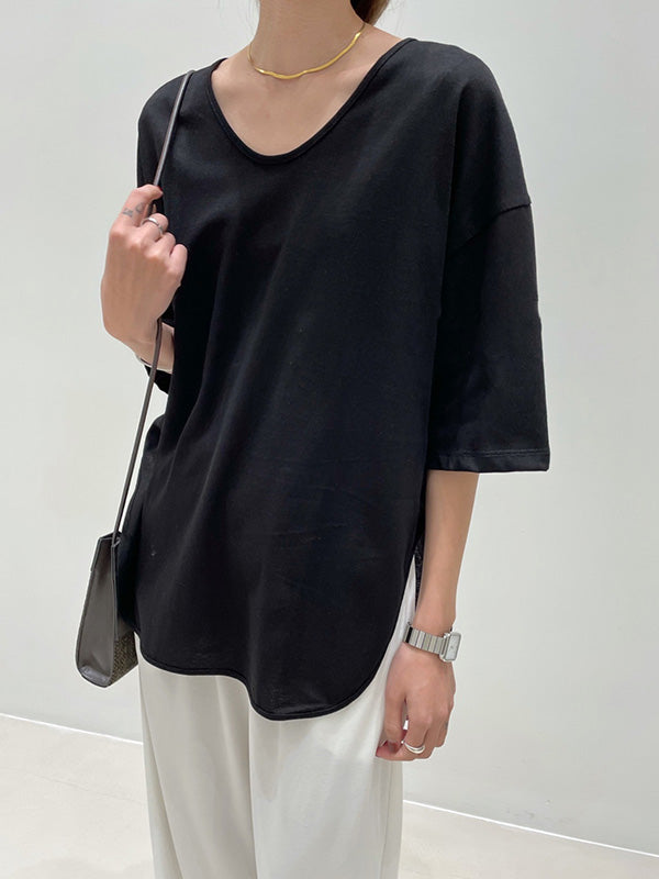 Loose Split-side Color V-neck T-shirts Tops