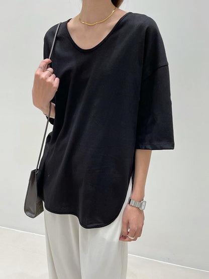 Loose Split-side Color V-neck T-shirts Tops
