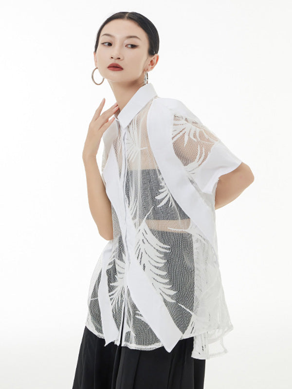 Stylish Loose Half Sleeves Buttoned Mesh Hollow See-through Blouses&shirts Tops