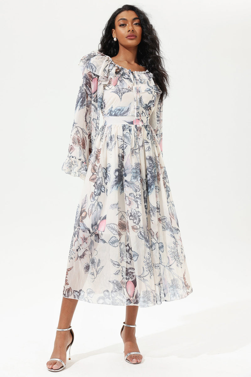 Printed Flared Sleeve Off-shoulder Midi Dress