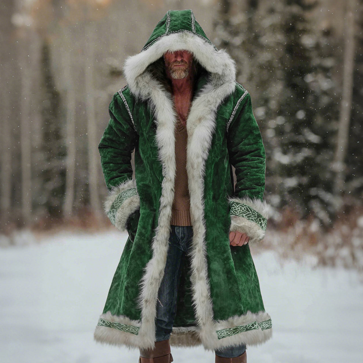 Comstylish Men's Christmas Santa Outfit Fuzzy Velvet Hooded Coat