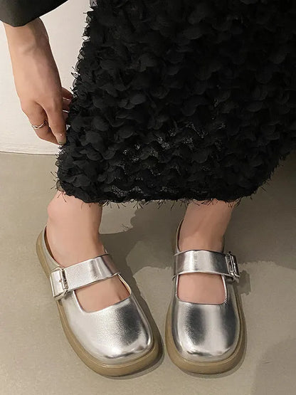 Belt Buckle Round-toe Shallow Cut Split-joint Platform Shoes Slippers&mules